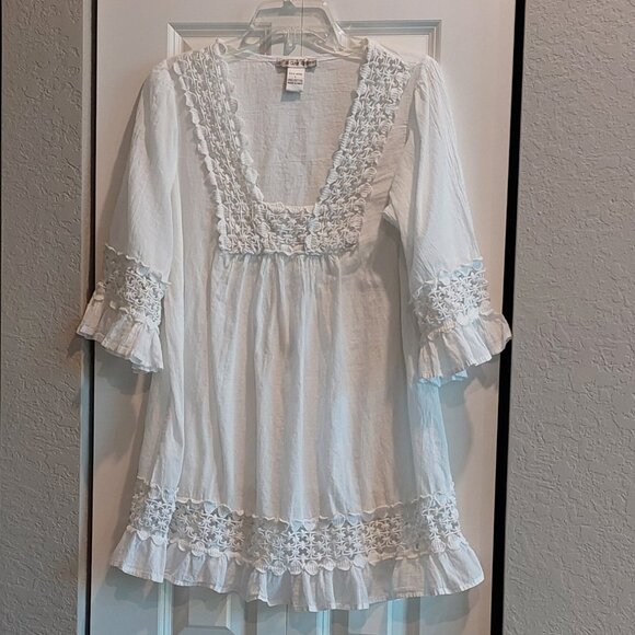 Cute Options White Cotton Boho Tunic Blouse or Swim Coverup Women's Size L - Picture 1 of 10